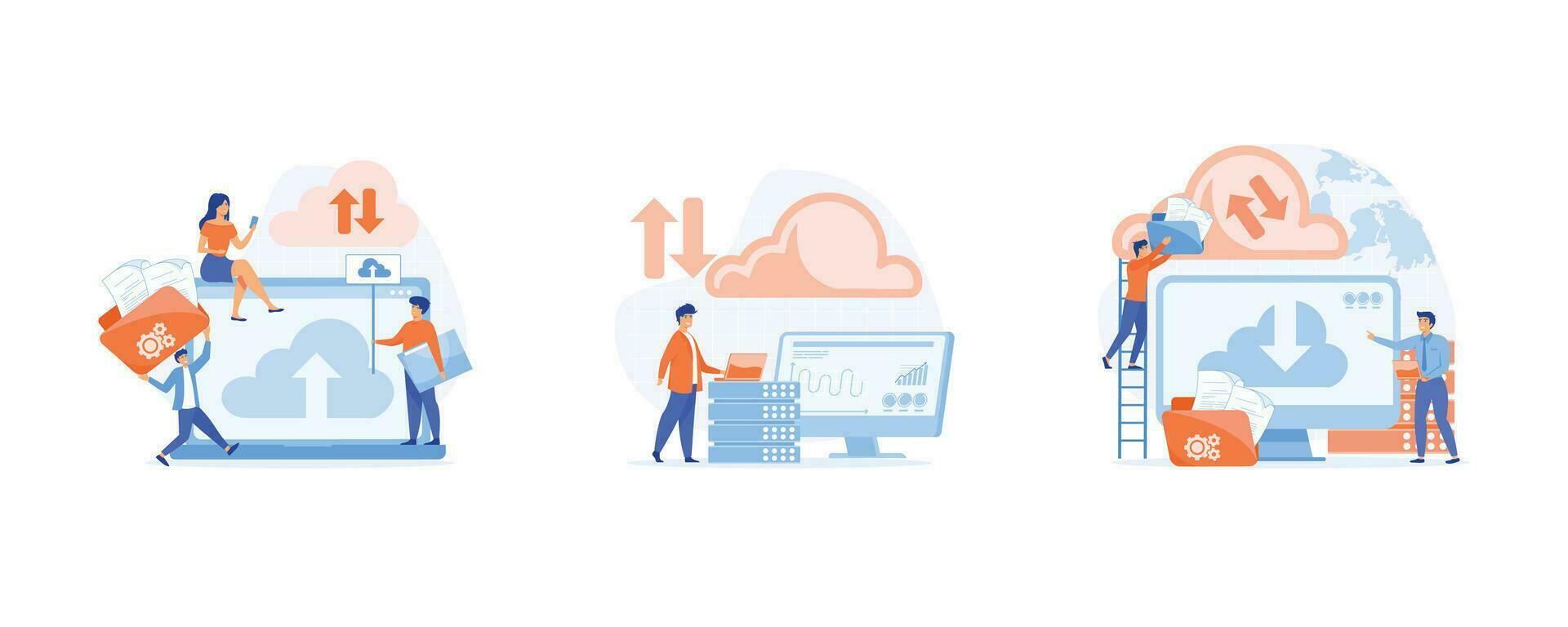 affaires La technologie concept, fichier télécharger sauvegarde sur nuage serveur stockage, nuage l'informatique un service , en ligne base de données, ensemble plat vecteur moderne illustration