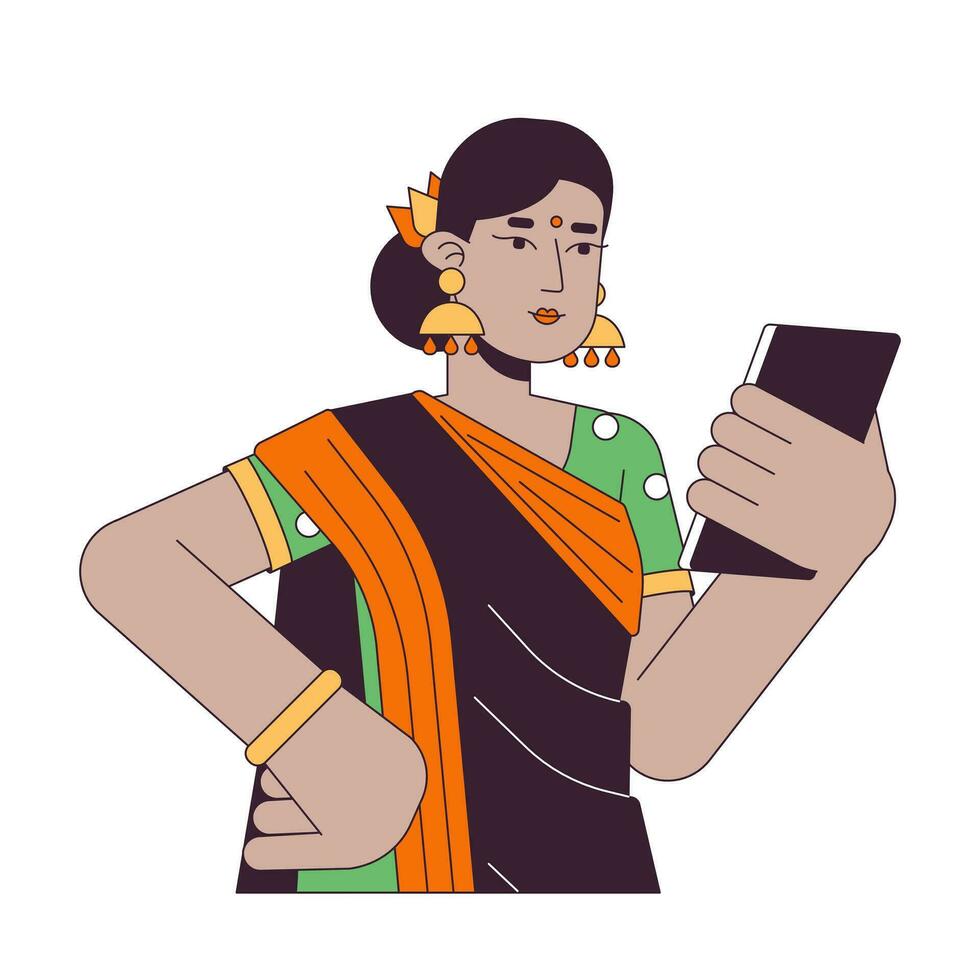 Indien femme à la recherche sur téléphone intelligent plat ligne Couleur vecteur personnage. modifiable contour moitié corps la personne sur blanche. en ligne la communication Facile dessin animé place illustration pour la toile graphique conception