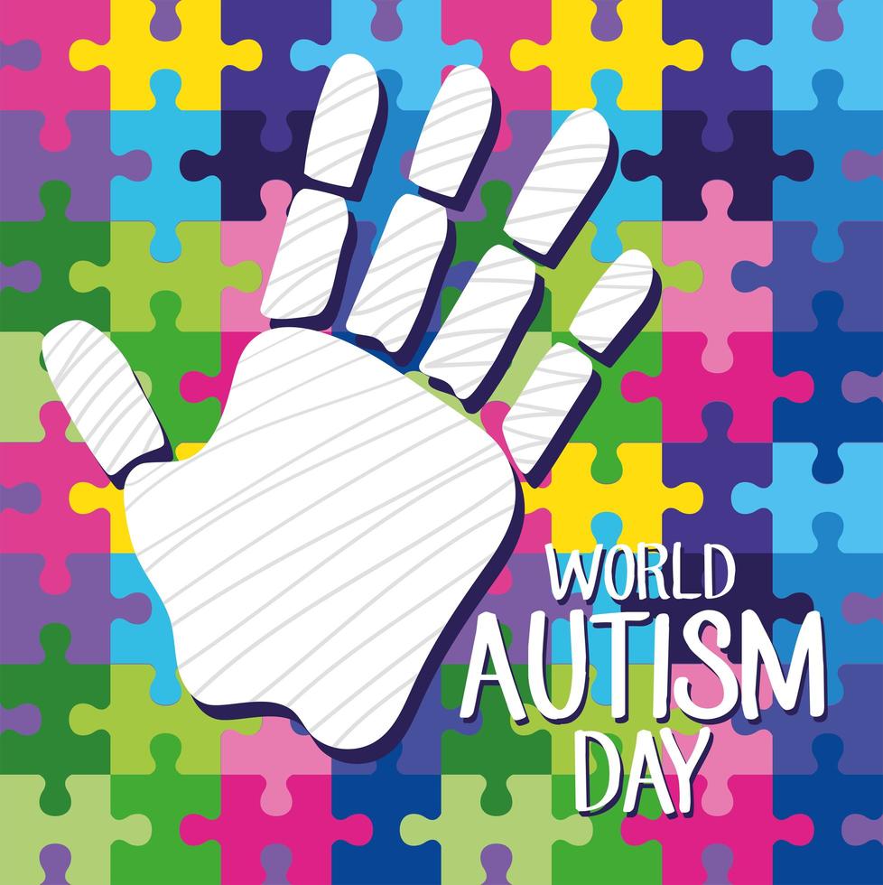 lettrage de la journée mondiale de l'autisme avec peint à la main sur fond de pièces de puzzle vecteur
