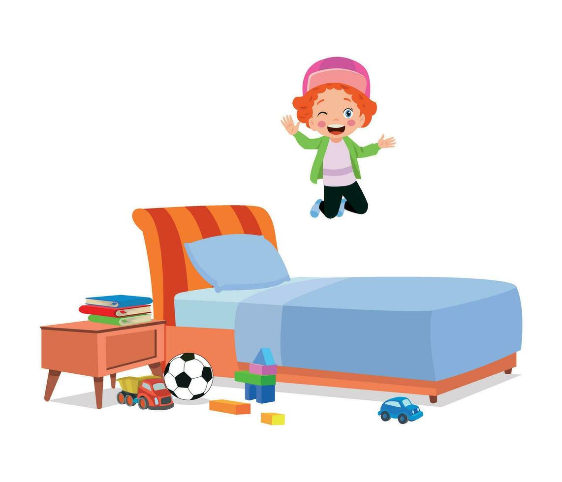 content mignonne peu enfant garçon sauter sur lit vecteur