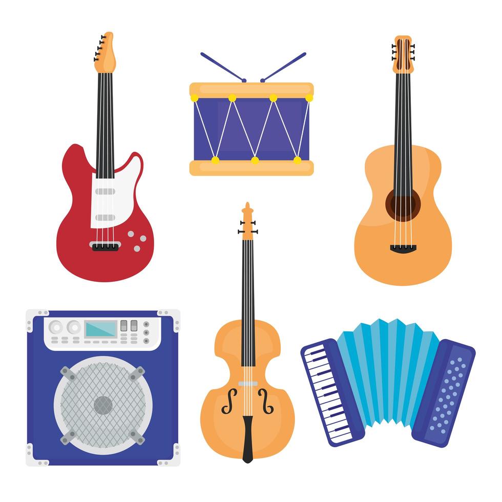 ensemble de six instruments de musique mis icônes vecteur