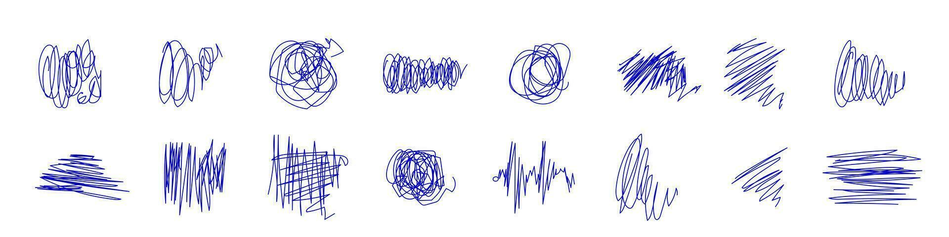 manuscrit abstrait taches de coups. dessiné à la main griffonnage lignes avec bleu stylo. vecteur