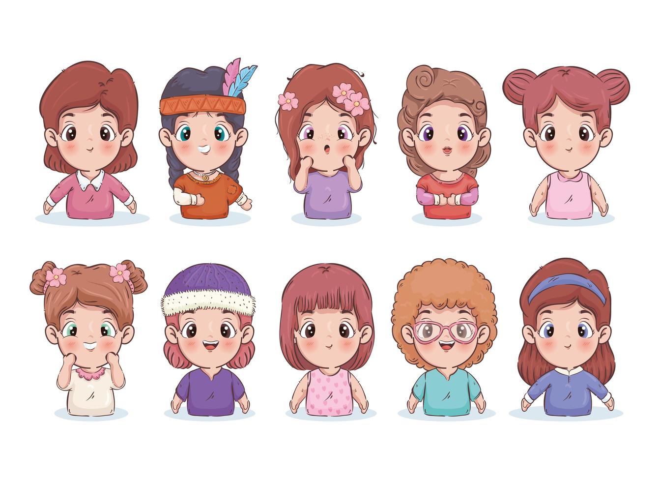 filles dessins animés icône collection vector design