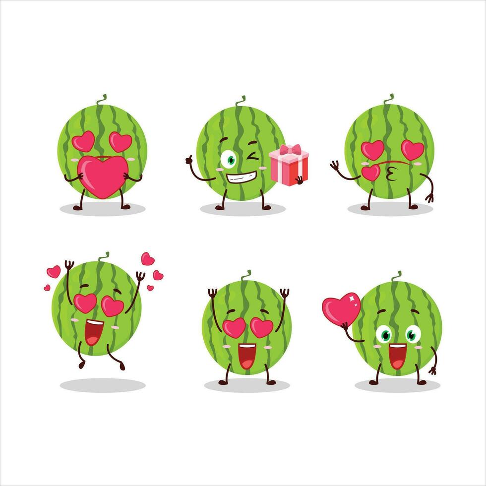 vert pastèque dessin animé personnage avec l'amour mignonne émoticône vecteur