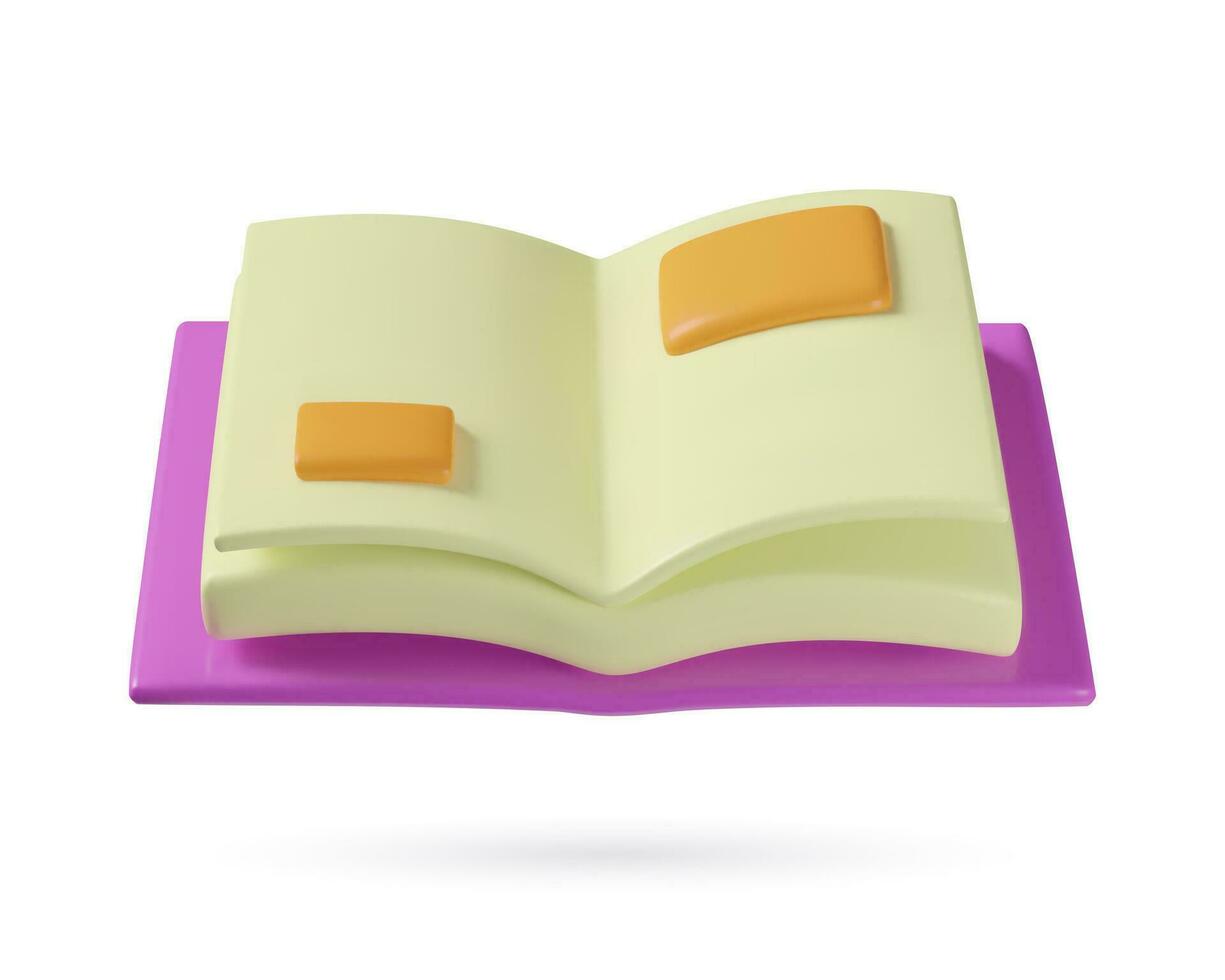 3d ouvert livre icône. réaliste Plastique Trois dimensionnel vecteur objet isolé sur blanc Contexte. école cahier de texte ou encyclopédie dans violet couverture. éducatif et connaissance concept.