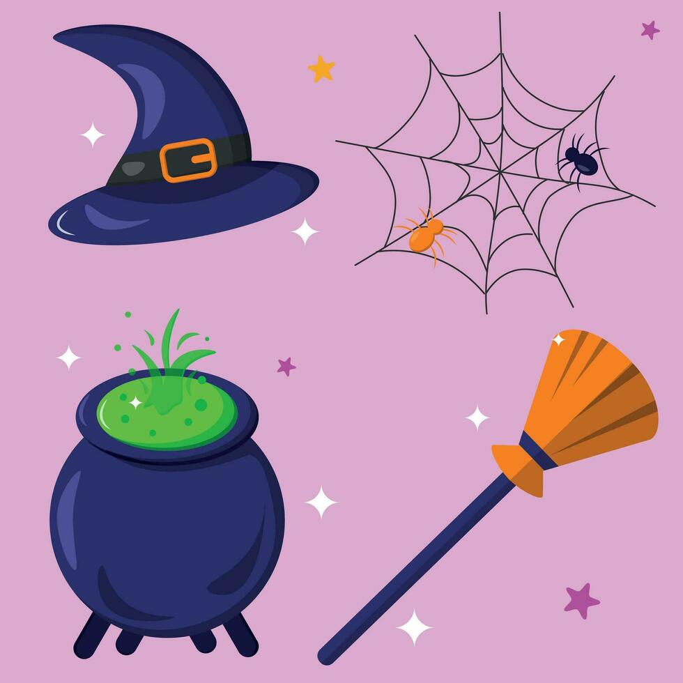 sorcière les attributs ensemble, Halloween vacances, sorcière balai, potion, sorcière chapeau, araignée et araignée, vecteur illustration