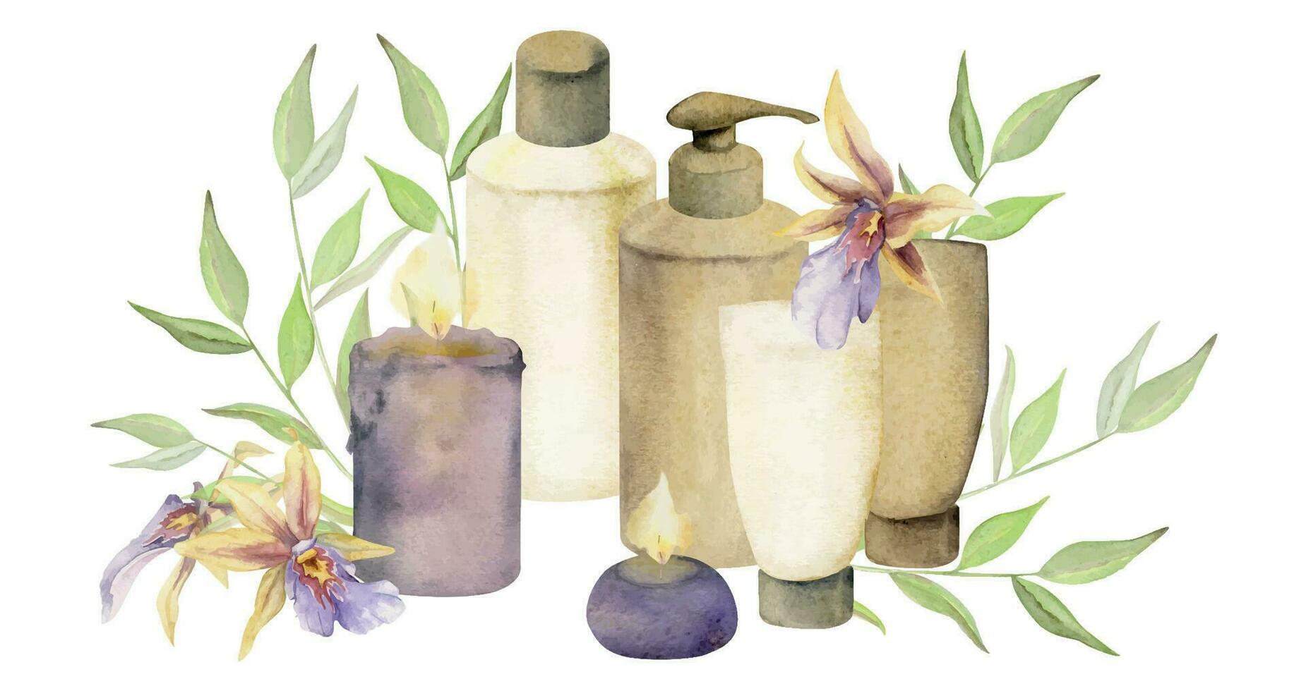 main tiré aquarelle spa soin de la peau une baignoire beauté des produits paquet fleurs. horizontal composition isolé sur blanc Contexte. conception pour mur art, bien-être station balnéaire, imprimer, tissu, couverture, carte, brochure. vecteur