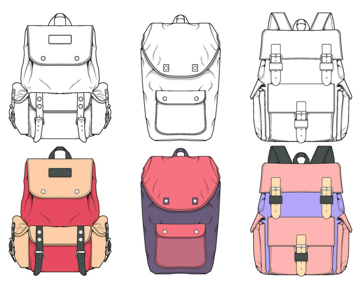 main tiré coloré vecteur ensemble de sacs à dos. dessin animé décontractée sac à dos, cool sac à dos coloré. sacs à dos vecteur illustration.