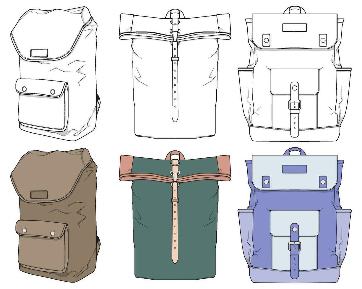 main tiré coloré vecteur ensemble de sacs à dos. dessin animé décontractée sac à dos, cool sac à dos coloré. sacs à dos vecteur illustration.