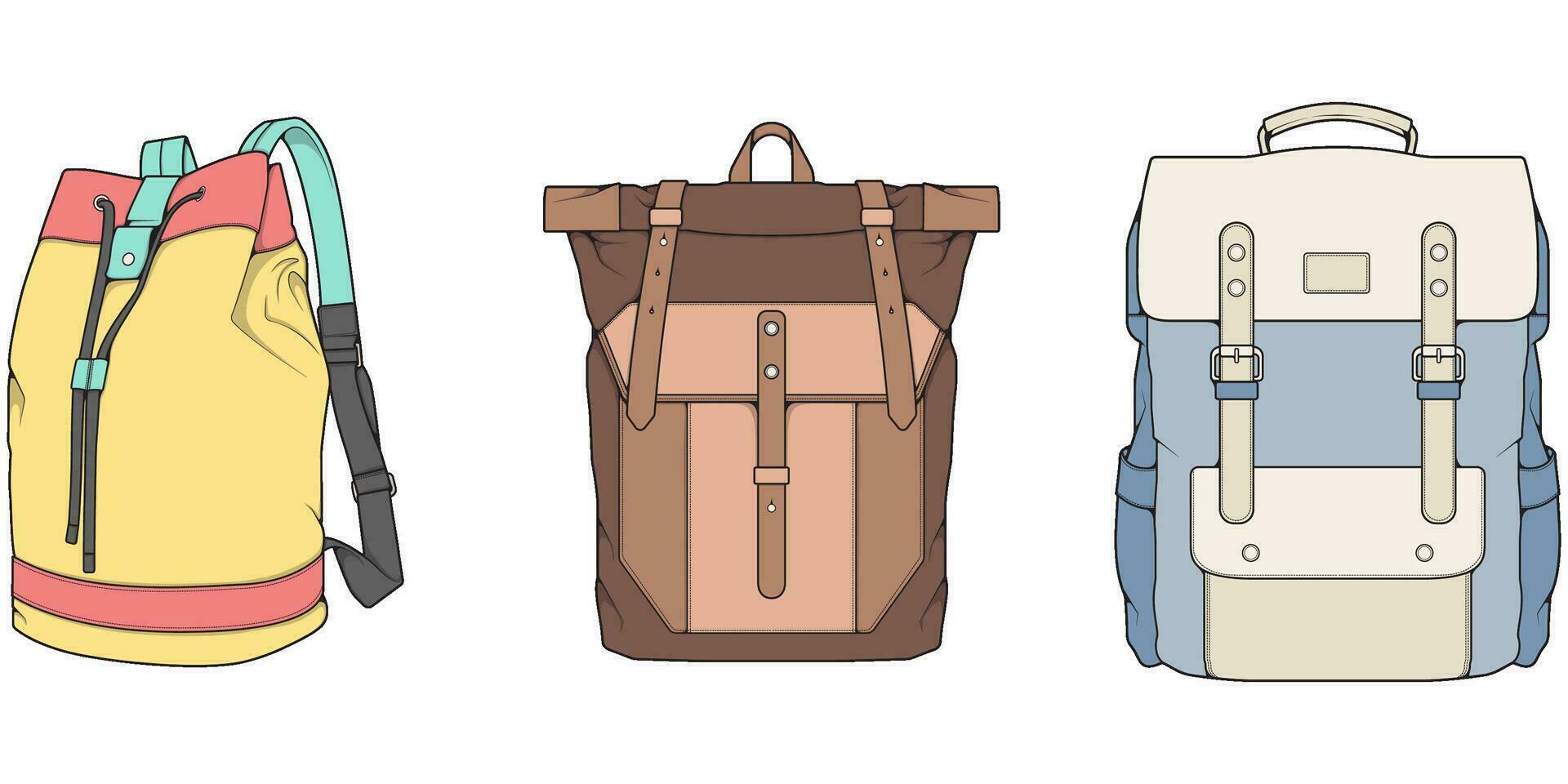 main tiré coloré vecteur ensemble de sacs à dos. dessin animé décontractée sac à dos, cool sac à dos coloré. sacs à dos vecteur illustration.