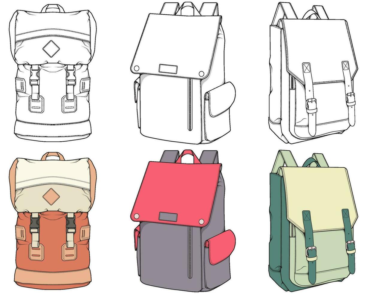 main tiré coloré vecteur ensemble de sacs à dos. dessin animé décontractée sac à dos, cool sac à dos coloré. sacs à dos vecteur illustration.