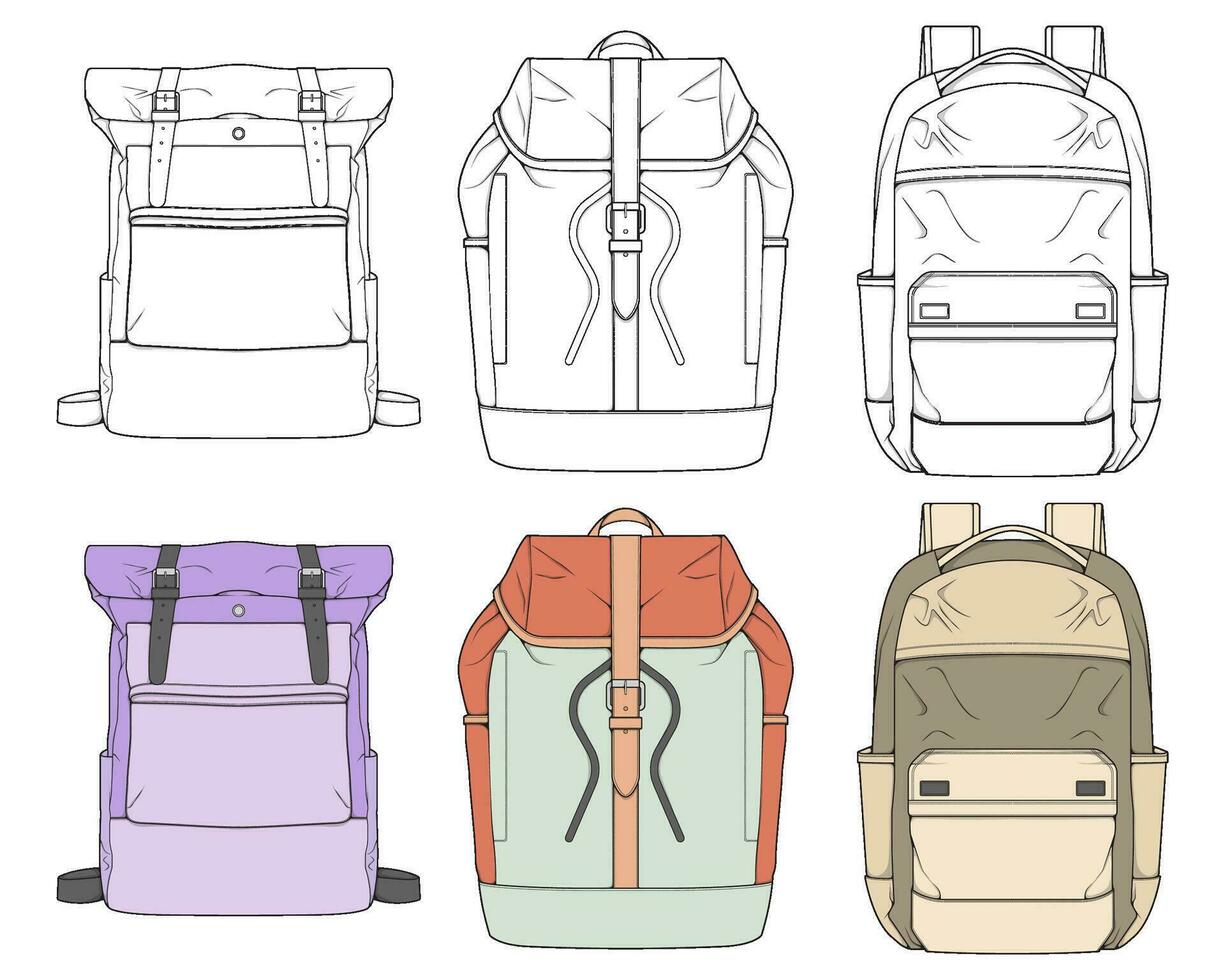 main tiré coloré vecteur ensemble de sacs à dos. dessin animé décontractée sac à dos, cool sac à dos coloré. sacs à dos vecteur illustration.