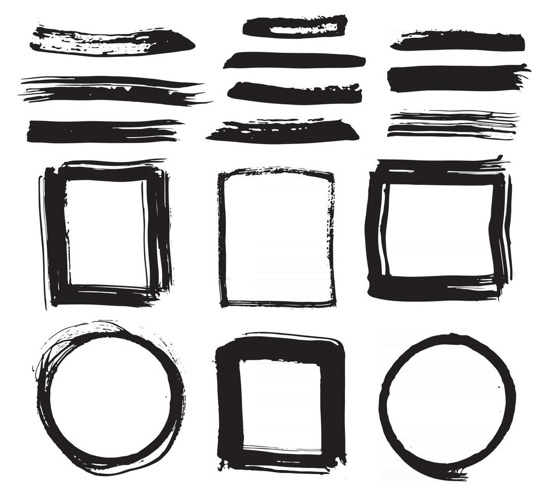 cadres ronds, zones de texte et coups de pinceau, ensemble d'éléments dessinés à la main texturés grunge, illustration vectorielle vecteur