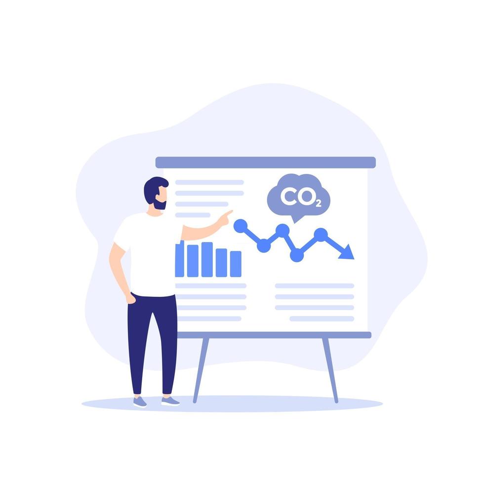 gaz co2, présentation de la réduction des émissions de carbone, homme présentant des données vecteur