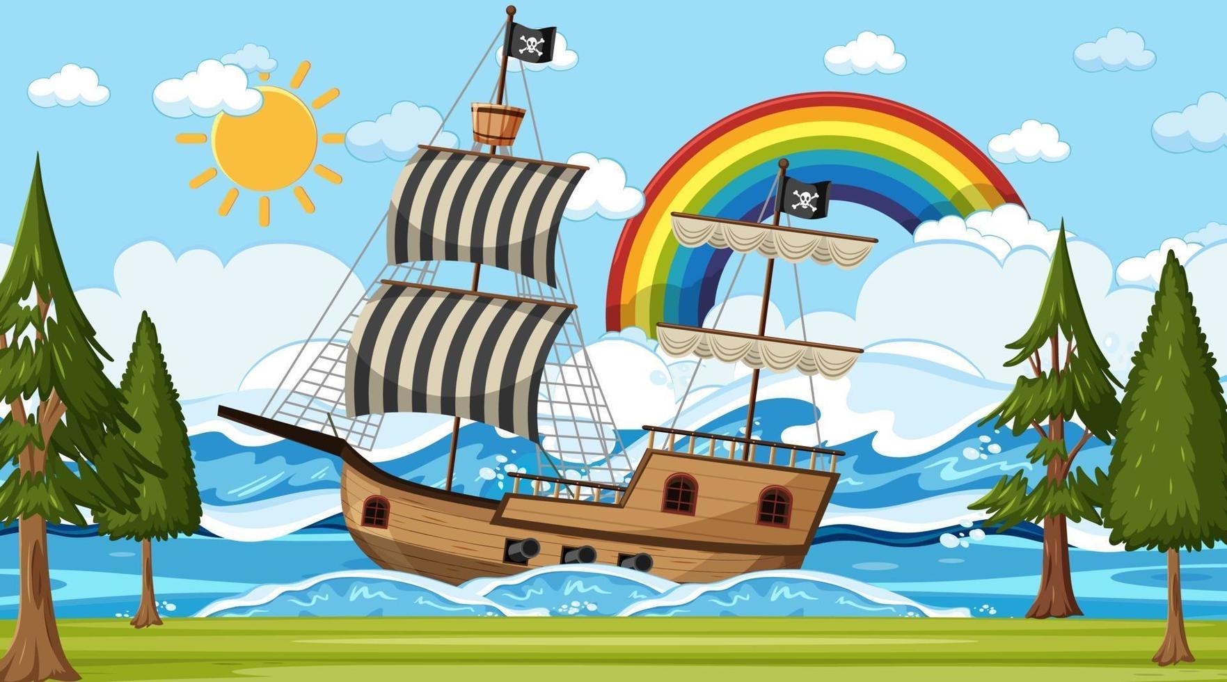 océan avec bateau pirate à la scène de jour en style cartoon vecteur