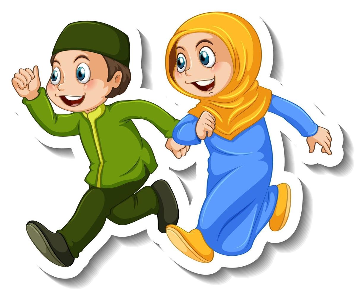 modèle d'autocollant avec un couple de personnages de dessins animés pour enfants musulmans isolés vecteur