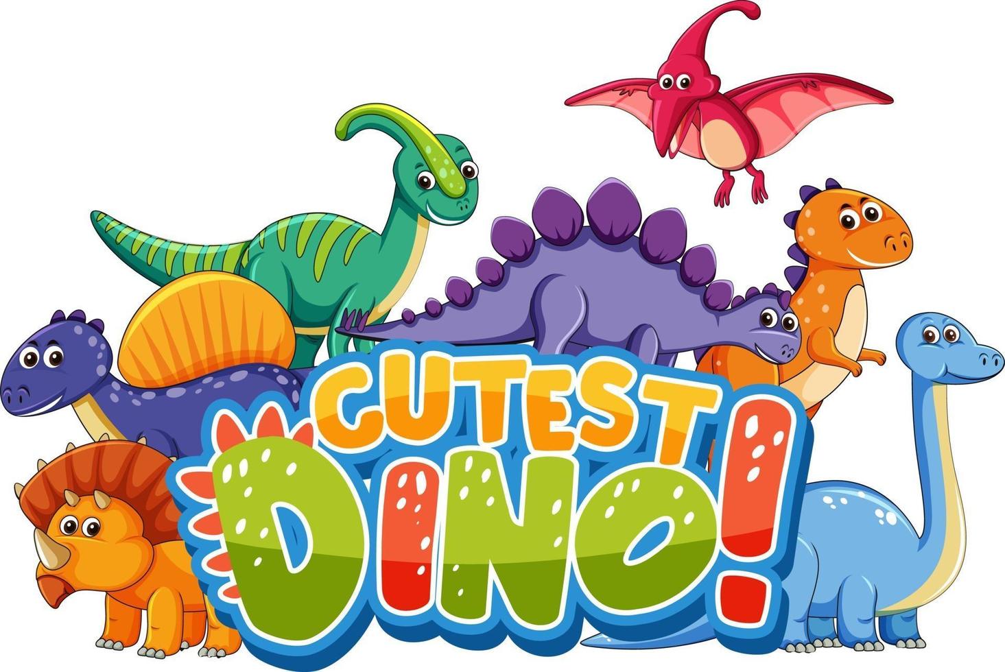 personnage de dessin animé de dinosaures mignons avec la bannière de polices dino la plus mignonne vecteur