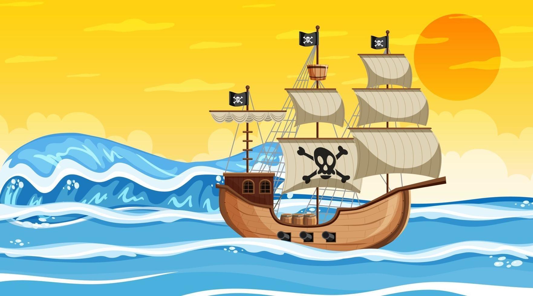 scène de l & # 39; océan au coucher du soleil avec bateau pirate en style cartoon vecteur