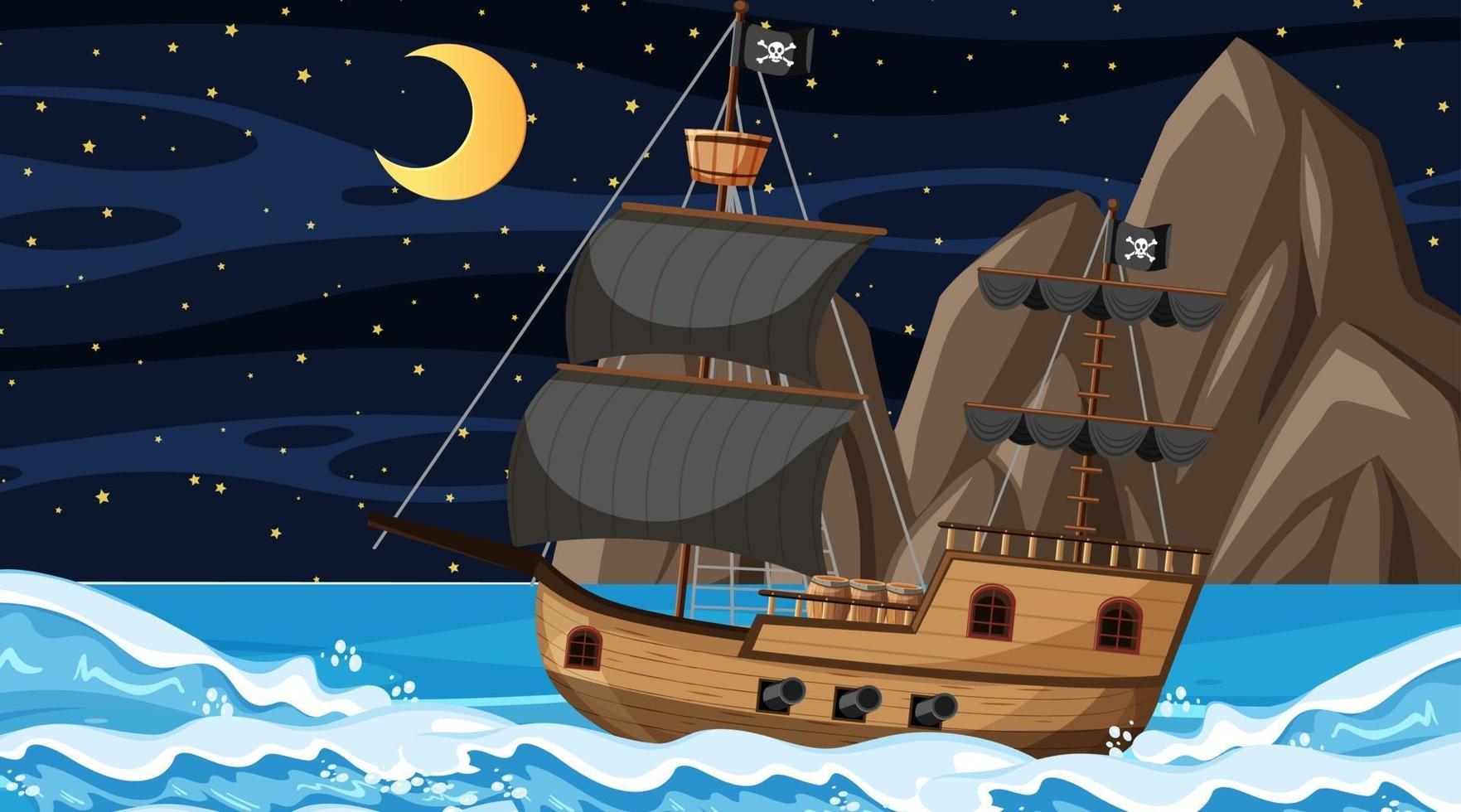 océan avec bateau pirate à la scène de nuit en style cartoon vecteur