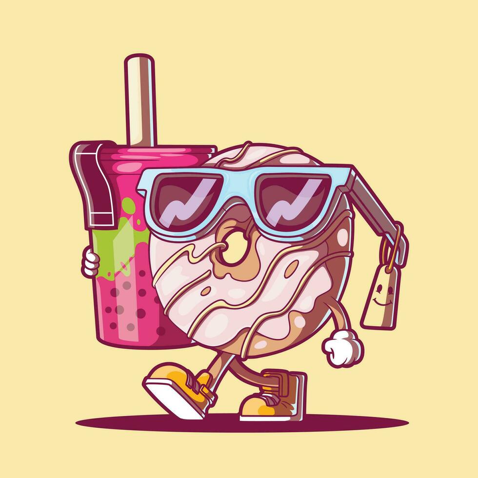 cool Donut personnage en portant une thé tasse vecteur illustration. nourriture, style, marque conception concept.