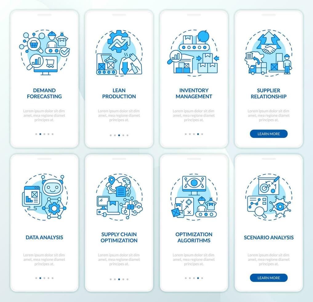 2d Icônes représentant surproduction mobile app écran ensemble. procédure pas à pas 4 pas bleu graphique instructions avec mince ligne Icônes concept, interface utilisateur, ux, gui modèle. vecteur