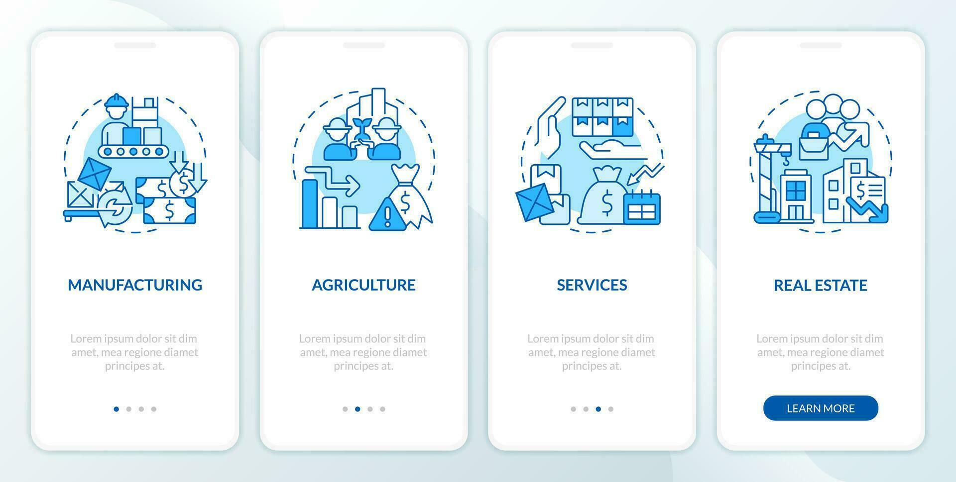 2d Icônes représentant surproduction mobile app écran ensemble. procédure pas à pas 4 pas graphique instructions avec bleu mince ligne Icônes concept, interface utilisateur, ux, gui modèle. vecteur