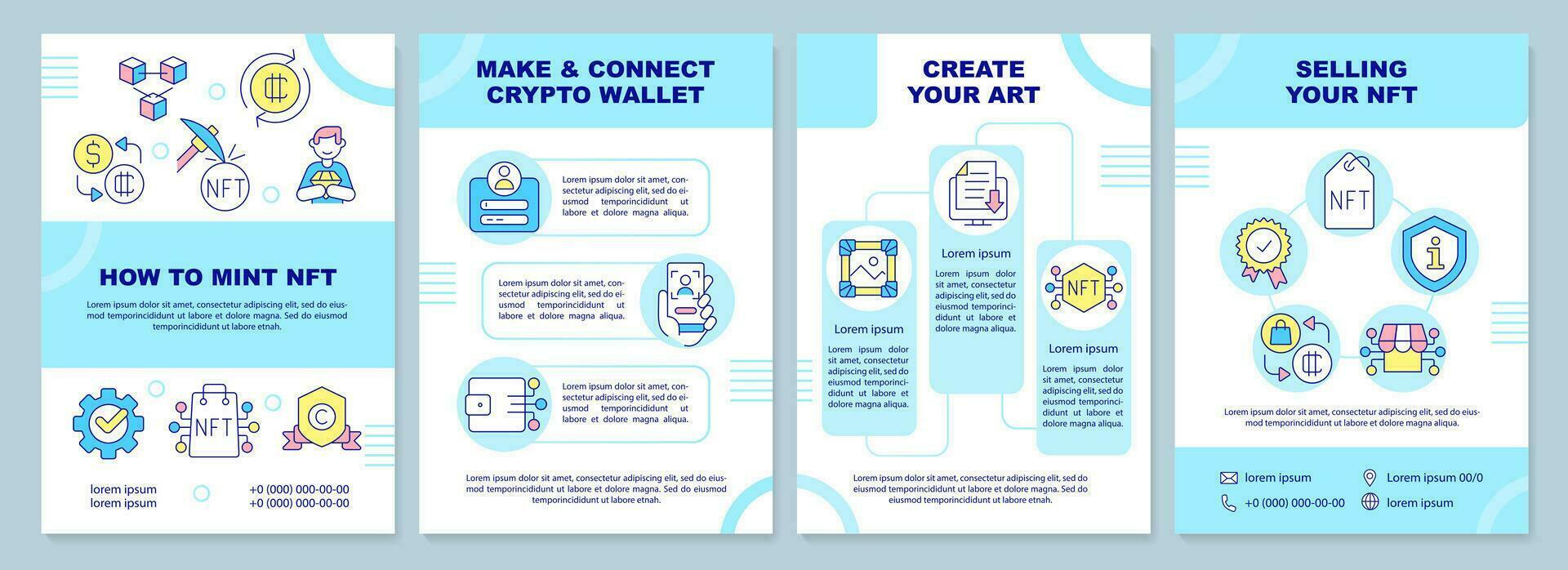 nft monnayage bleu brochure modèle. vendre numérique art. brochure conception avec linéaire Icônes. modifiable 4 vecteur mises en page pour présentation, annuel rapports