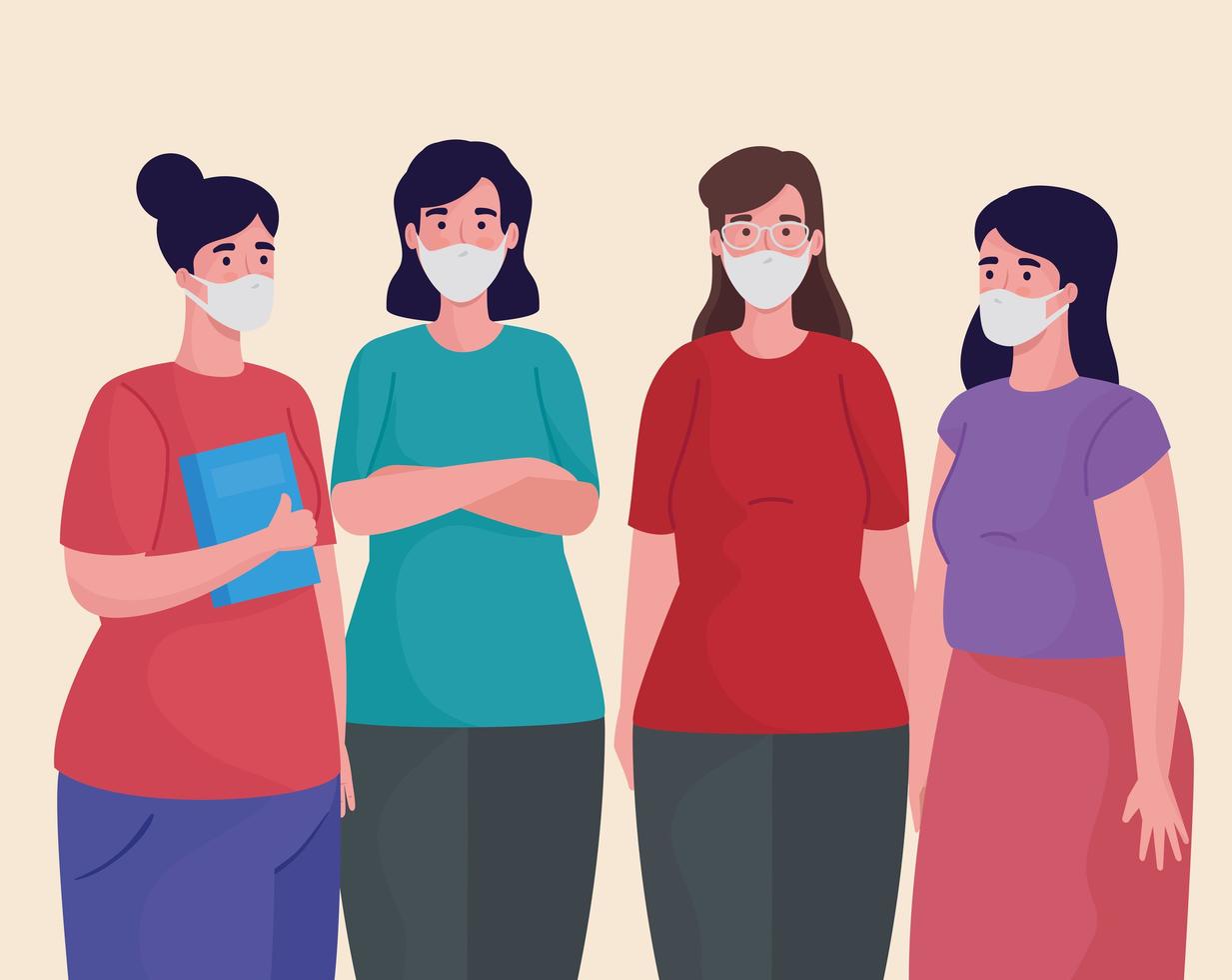 groupe de femmes portant des personnages de masques médicaux vecteur