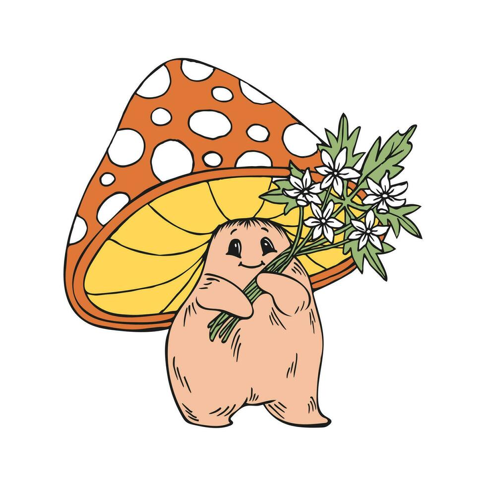 champignon avec bouquet de fleurs, mignonne mouche agaric personnage. main tiré illustration. vecteur