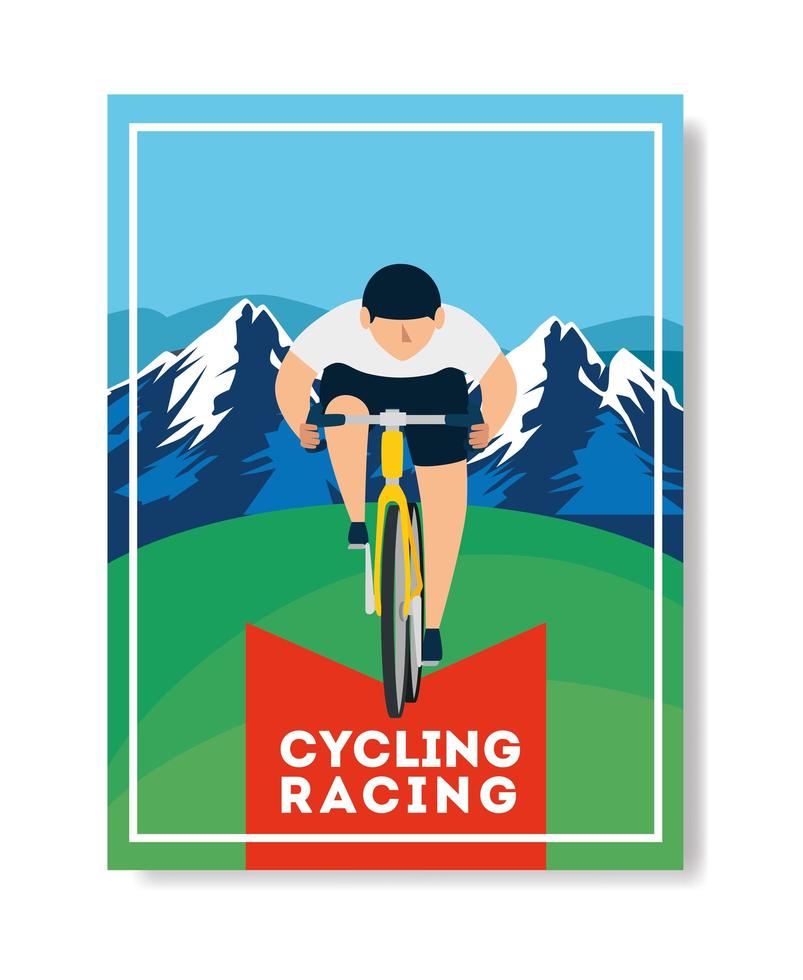 affiche de course cycliste avec homme en vélo et paysage vecteur