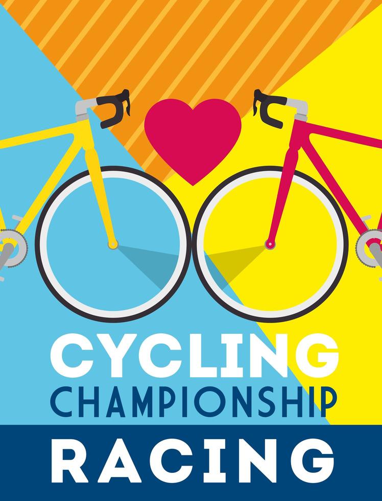 affiche de course de championnat de cyclisme avec vélos et coeur vecteur