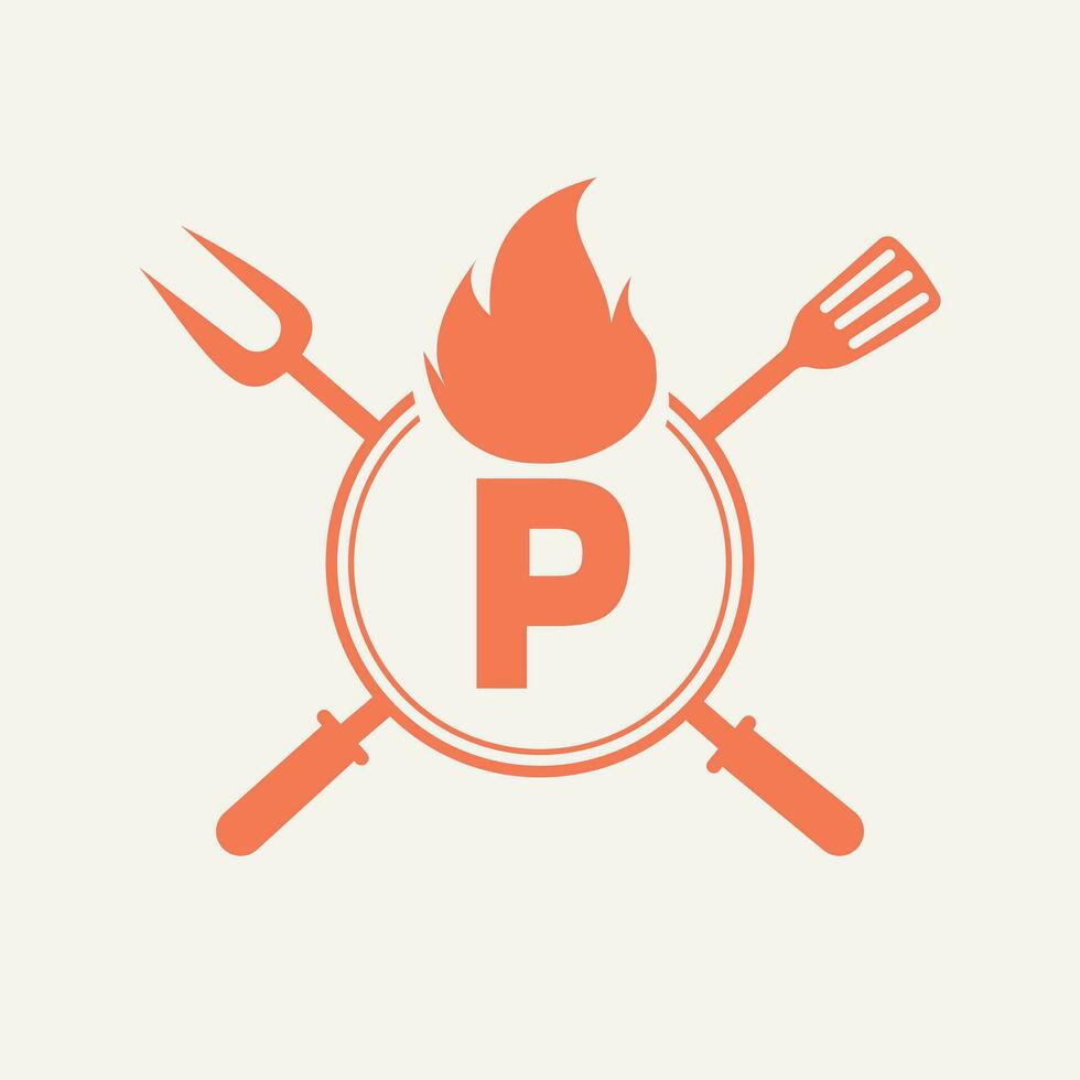 lettre p restaurant logo avec gril fourchette et spatule icône. chaud gril symbole vecteur