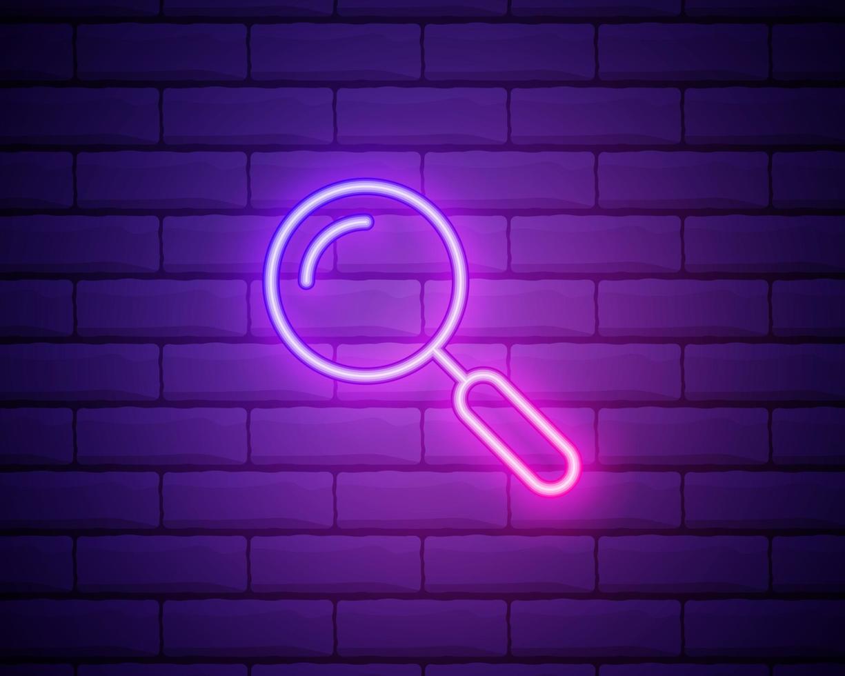 icône de loupe au néon lumineux isolé sur fond de mur de briques. recherche, mise au point, zoom, symbole d'entreprise. illustration vectorielle vecteur