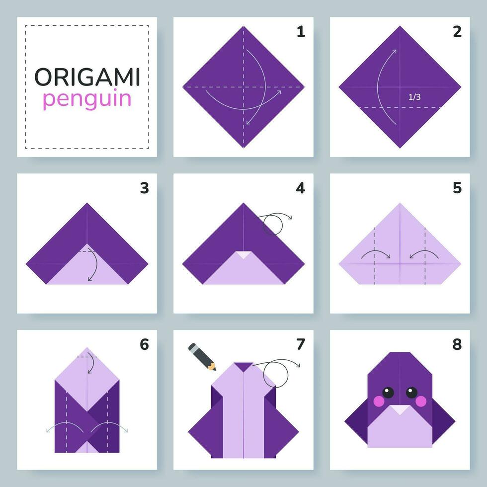 Modèle de tutoriel de schéma d'origami de pingouin en mouvement. origami pour les enfants. étape par étape comment faire un joli pingouin en origami. illustration vectorielle. vecteur