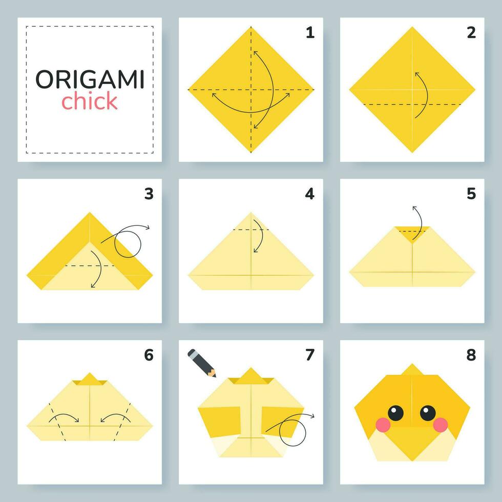 modèle mobile de tutoriel de schéma d'origami de poussin. origami pour les enfants. étape par étape comment faire un joli poussin en origami. illustration vectorielle. vecteur