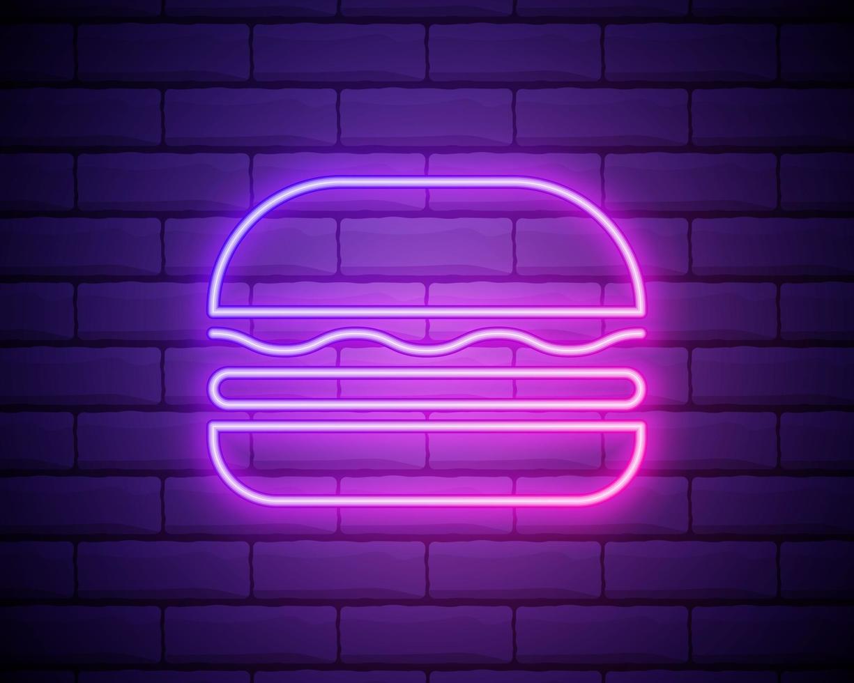 modèle d'icône de vecteur néon burger. illustration de signe de restauration rapide de rue de ligne. logo de hamburger rougeoyant isolé sur fond de mur de briques. concept de sandwich simple pour bar, café, étal, livraison