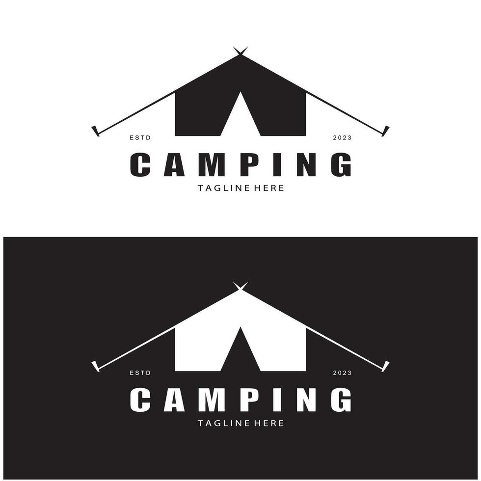 ancien et rétro tente logo, camping. avec tente, arbre et feu signe. aventuriers, éclaireurs, grimpeurs, camping équipement centre vecteur