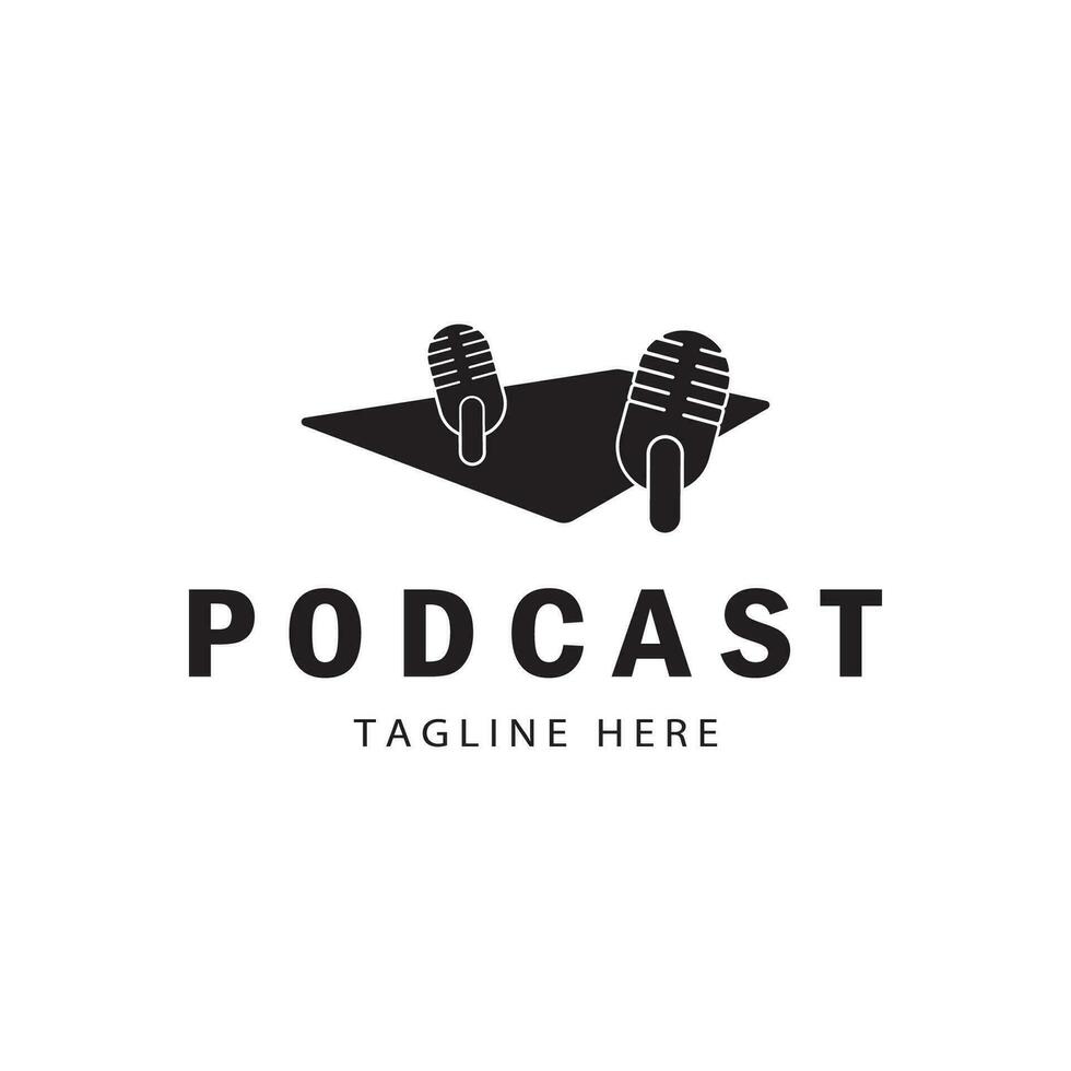 Podcast logo avec microphone et écouteur l'audio, radio vagues. pour studio, parler montrer, discuter, information partage, entretien, multimédia et la toile. vecteur