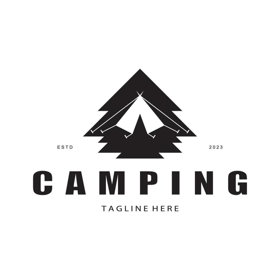 ancien et rétro tente logo, camping. avec tente, arbre et feu signe. aventuriers, éclaireurs, grimpeurs, camping équipement centre vecteur