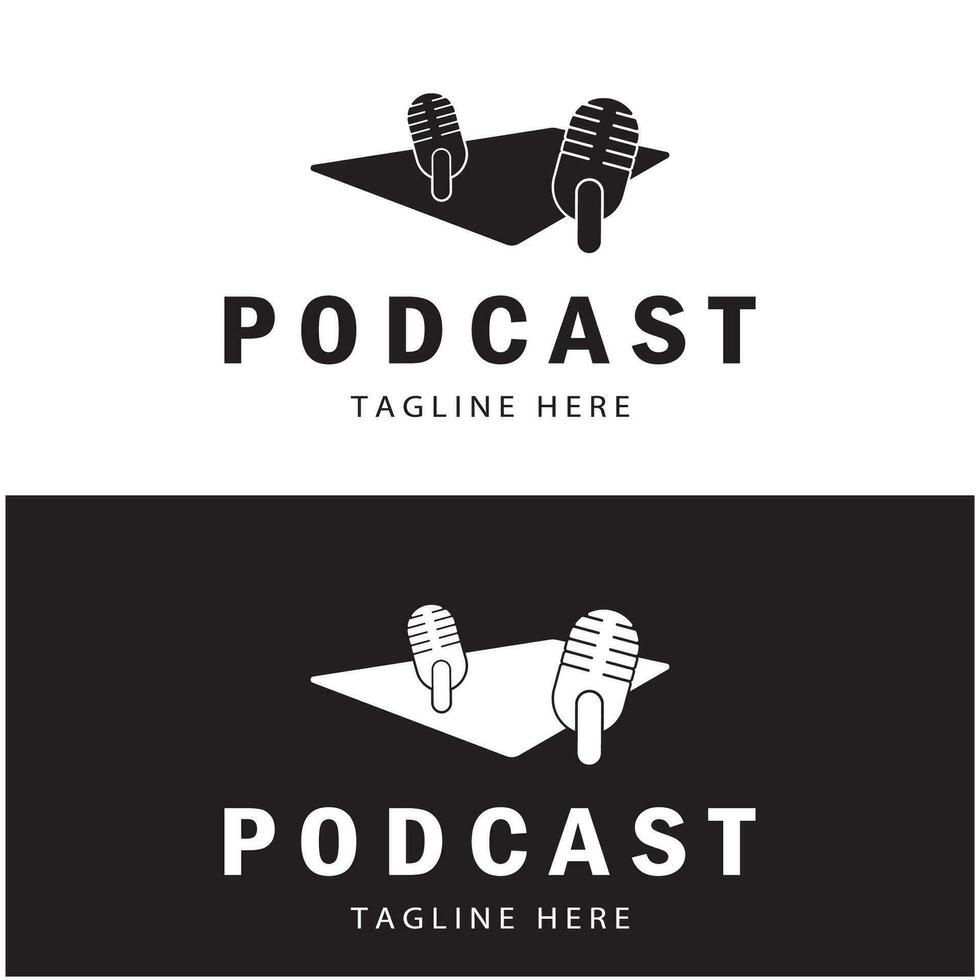 Podcast logo avec microphone et écouteur l'audio, radio vagues. pour studio, parler montrer, discuter, information partage, entretien, multimédia et la toile. vecteur