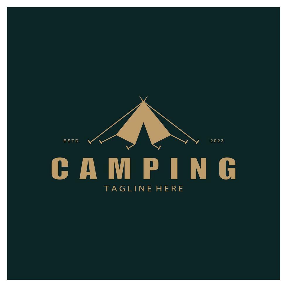 ancien et rétro tente logo, camping. avec tente, arbre et feu signe. aventuriers, éclaireurs, grimpeurs, camping équipement centre vecteur