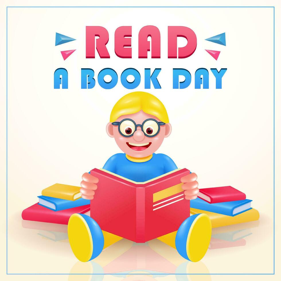 enfant avec des lunettes en portant un ouvert livre et en lisant. adapté 3d vecteur pour livre Festival affiche, éducation, culturel Festival jour, bibliothèque ou en train de lire un événement pour des gamins