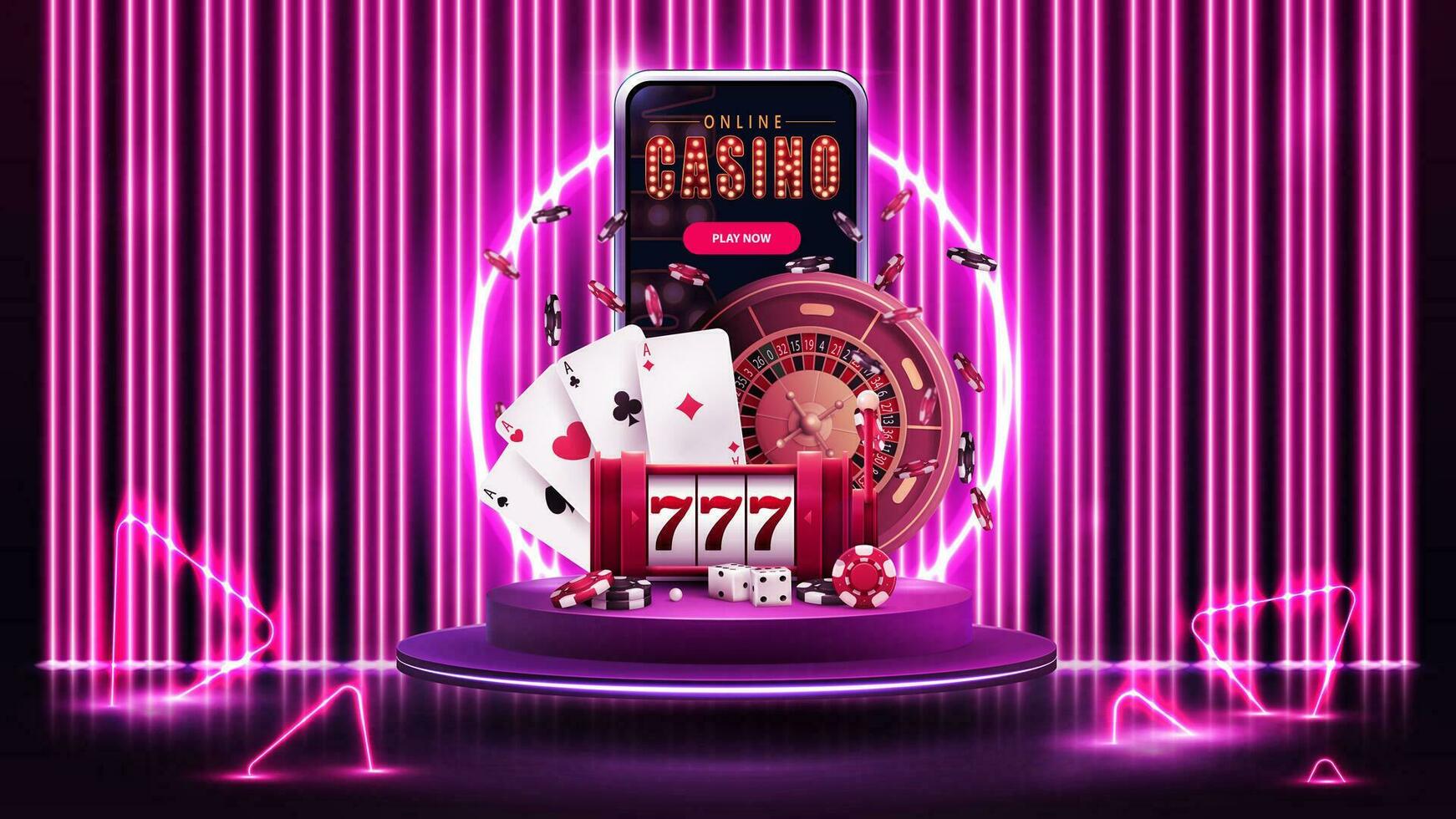 en ligne casino, bannière avec téléphone intelligent, fente machine, roulette, frites et en jouant cartes sur violet podium avec néon bague dans scène avec ligne néon rose mur sur Contexte et néon Triangles autour vecteur