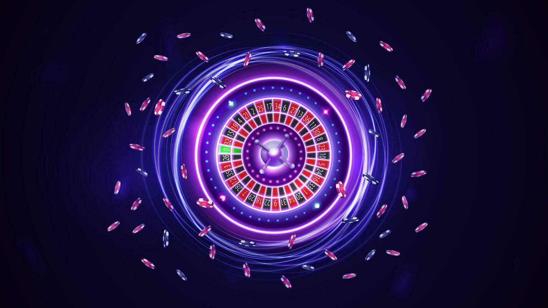 rose et bleu tourner néon casino roulette roue avec poker puces, numérique casino élément vecteur
