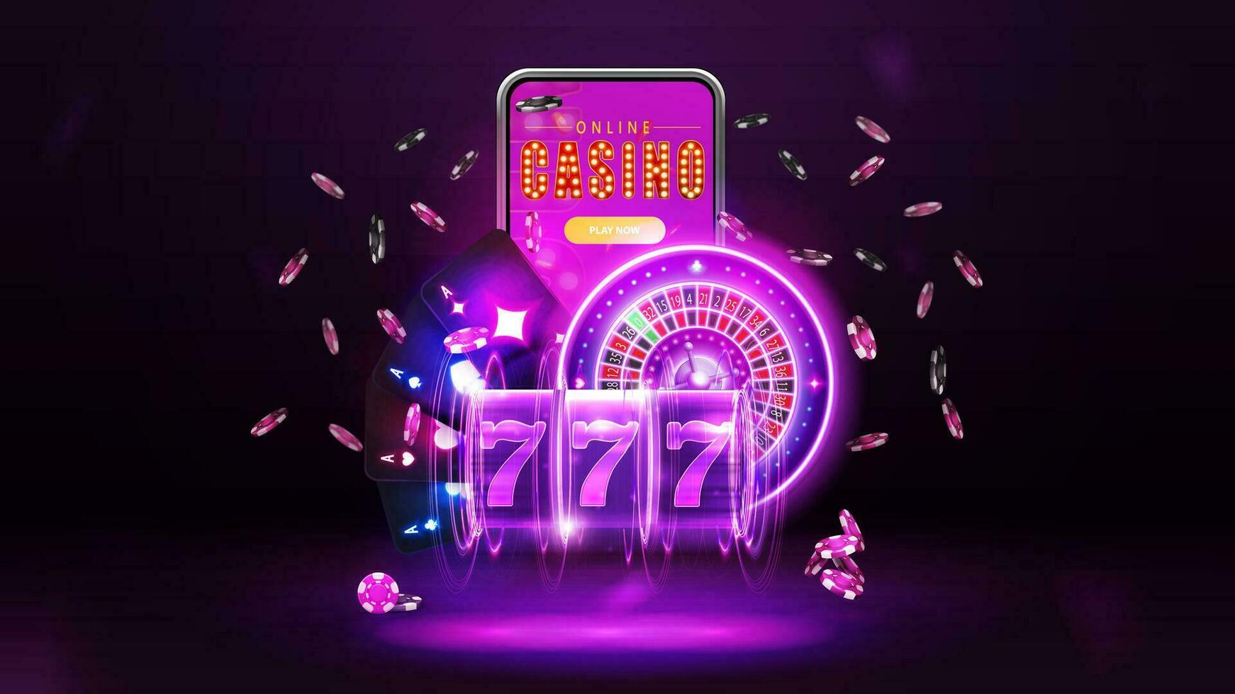 en ligne casino, bannière avec téléphone intelligent, violet néon fente machine, néon casino roulette, en jouant cartes et poker frites vecteur