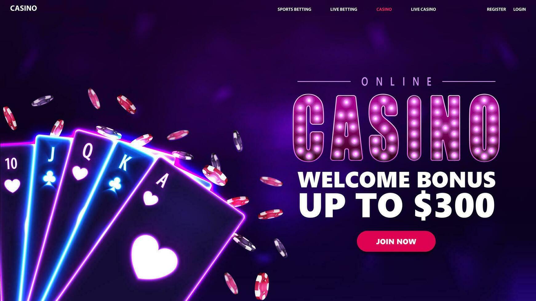 en ligne casino, violet bannière conception pour site Internet avec offre, néon casino en jouant cartes et poker frites sur flou Contexte vecteur