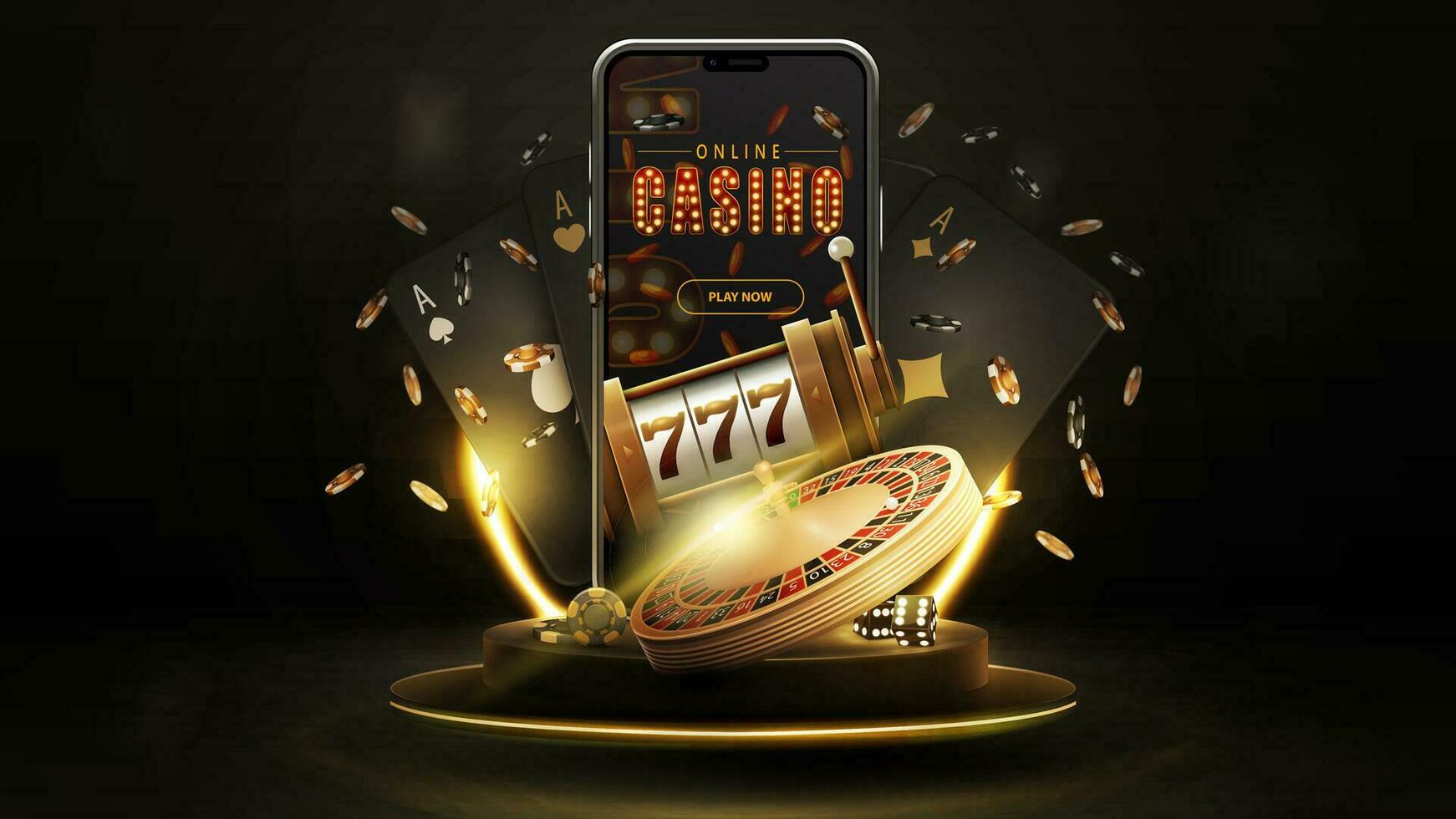 podium avec téléphone intelligent, casino fente machine, casino roulette , cartes et poker frites dans foncé or scène. vecteur