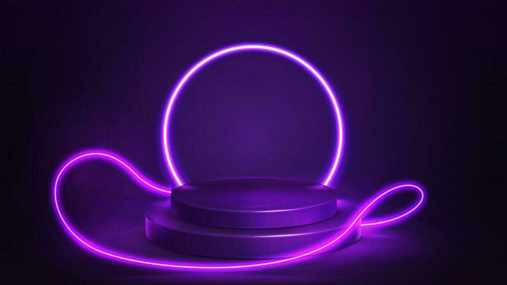 violet podium avec ligne néon bague sur Contexte et néon vague ligne lasers autour. illustration avec abstrait scène avec violet néon Cadre vecteur