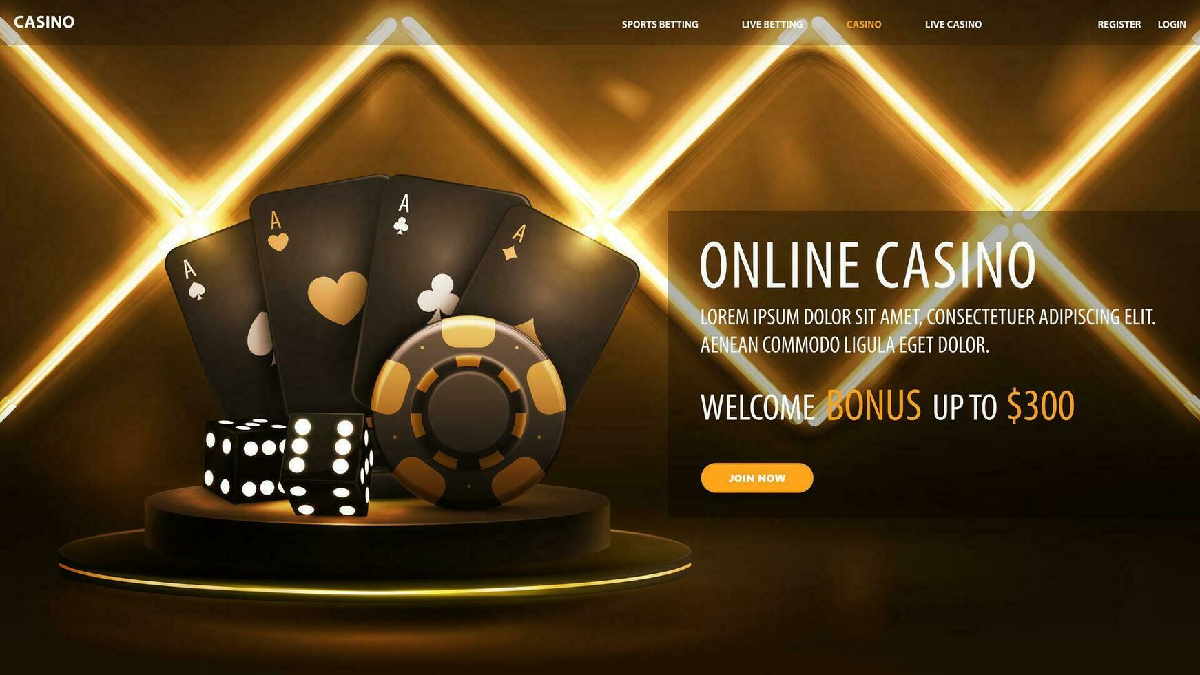 en ligne casino, noir numérique bannière avec or casino en jouant cartes, dé et poker frites sur or podium flottant dans le air dans foncé scène avec mur de ligne rhombe or néon les lampes vecteur