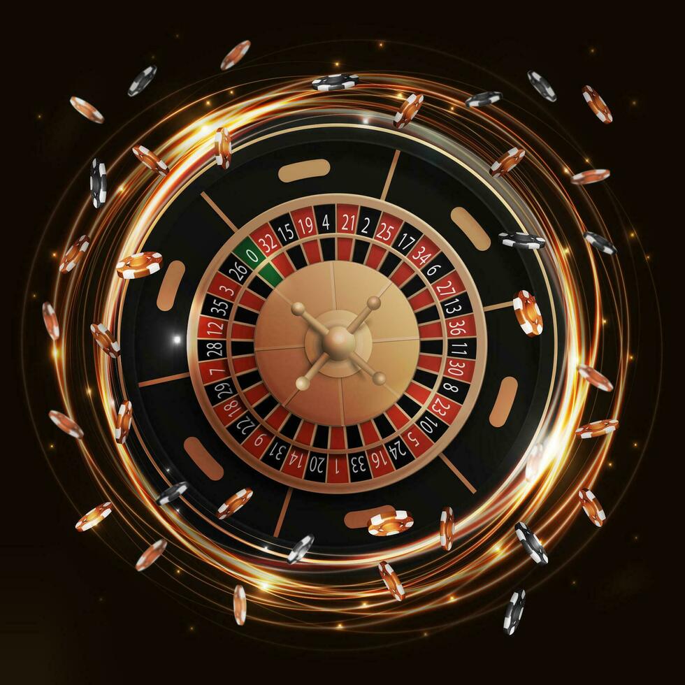 or et noir éclat néon tourner casino roulette roue avec poker puces, luxe casino élément vecteur